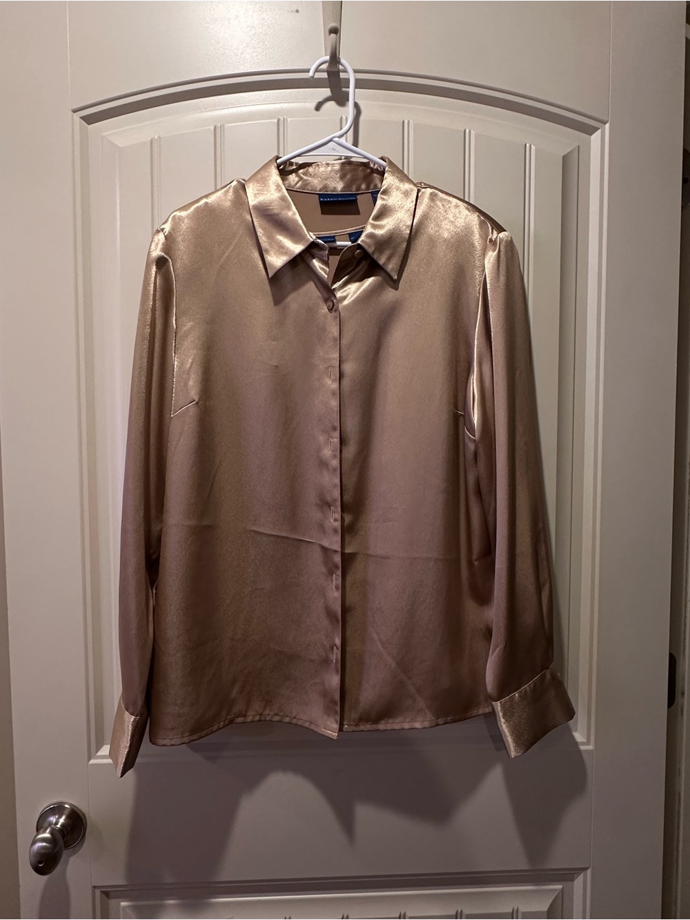 Karen Scott Satin Button-Front Long-Sleeve Shirt in Champagne Gold